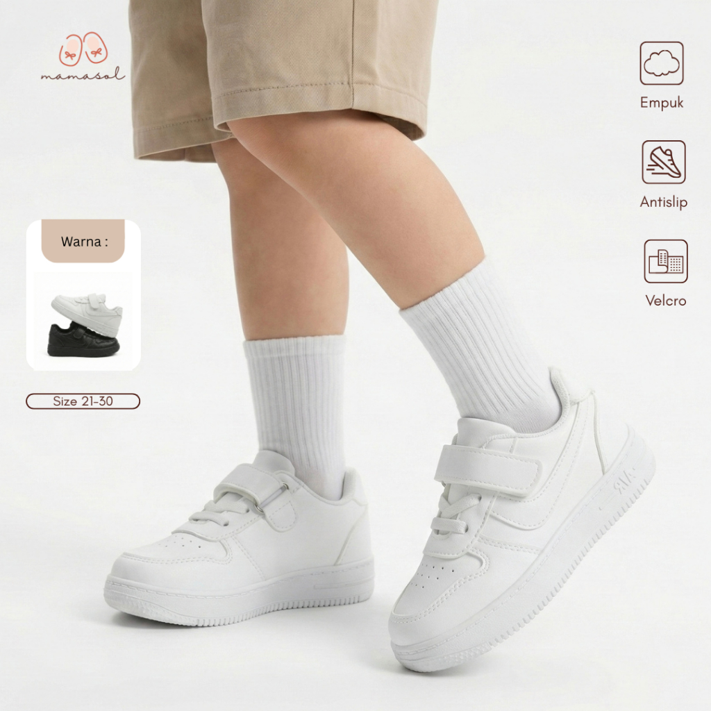 MAMASOL Sepatu Bayi & Balita Sneakers Unisex Polos Perekat – Putih/Hitam – Anti Slip – Edu Size 21–3