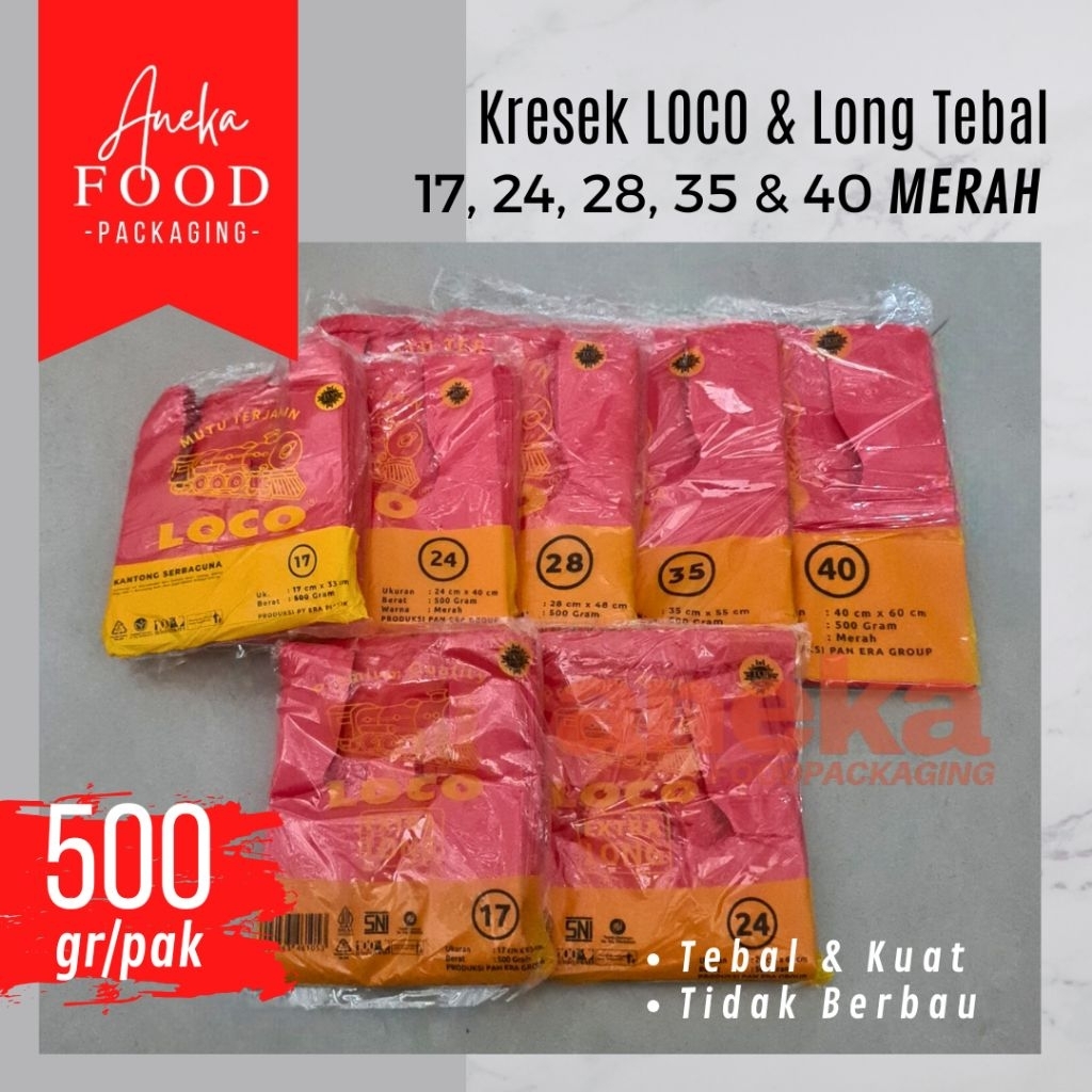 Kantong LOCO MERAH tebal plastik kresek uk. 17, 24, 28, 35 & 40 berat 500gr extra LONG