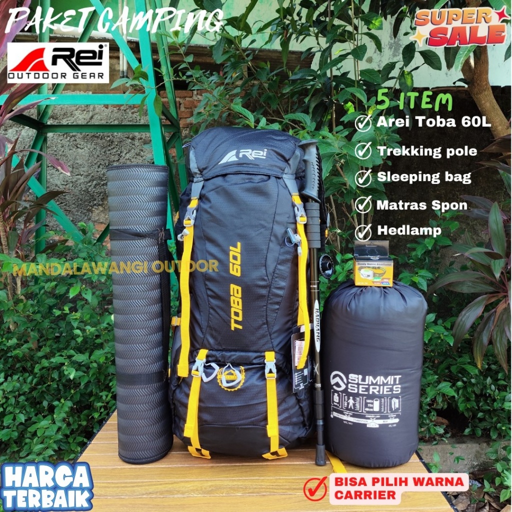 PAKETAN CAMPING CARRIER AREI TOBA 60 LITER + SLEEPING BAG + MATRAS SPON + TREKKING POLE + HEADLAMP T