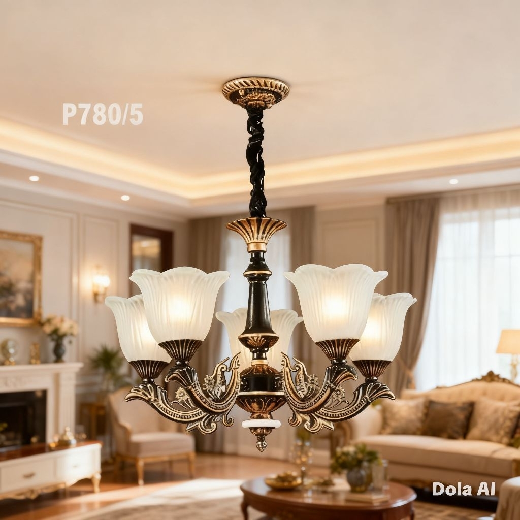 LAMPU GANTUNG HIAS KLASIK RUANG TAMU 5 LAMPU MEWAH