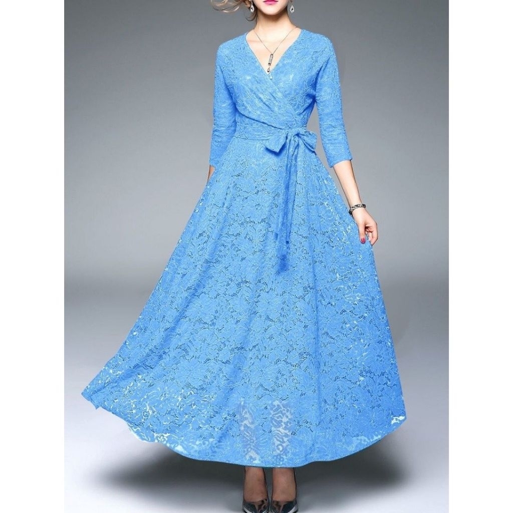 ICA 3 - GAMIS BAJU MAXY BRUKAT LAPIS FURING JUMBO M L XL XXL 3XL 4XL WARNA POLOS BIRU MUDA LANGIT BA