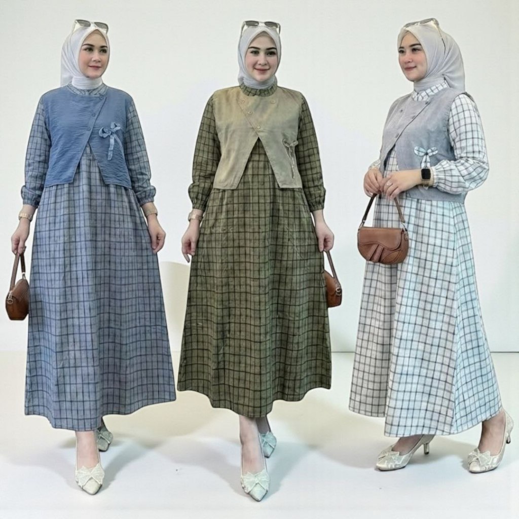 Midi Dress Set 2in1 Vest Rompi Lepas Bahan Katun Linen Motif Tartan Kotak Korean Style Jumbo LD 110