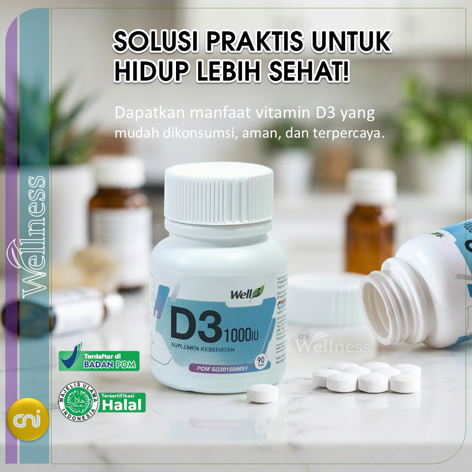 Well3 D3 1000 IU – Vitamin D3 untuk Imunitas & Tulang | 90 Tablet | BPOM & Halal MUI