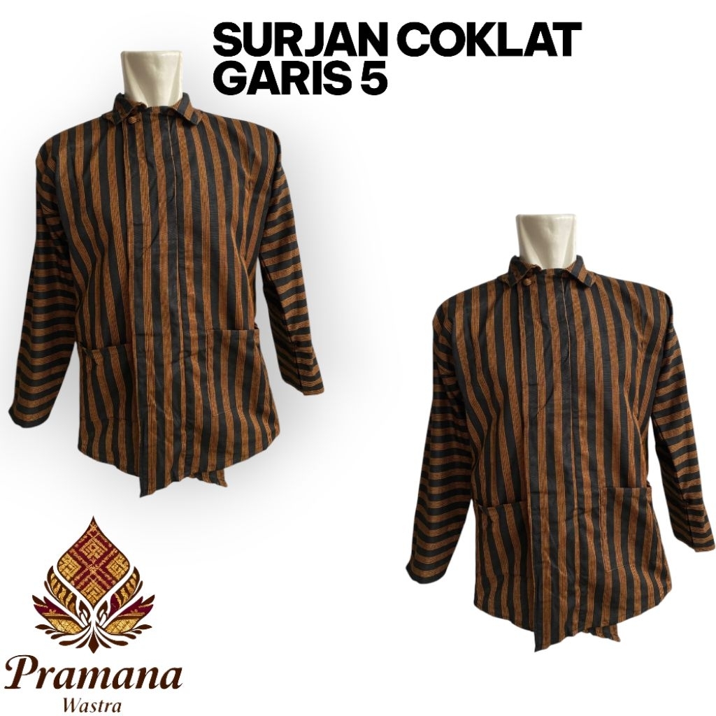 BAJU ADAT JAWA.PRIA DEWASA.BAJU SURJAN LURIK JAWA,  KAIN TENUN COKLAT GARIS 5 (DEWASA)