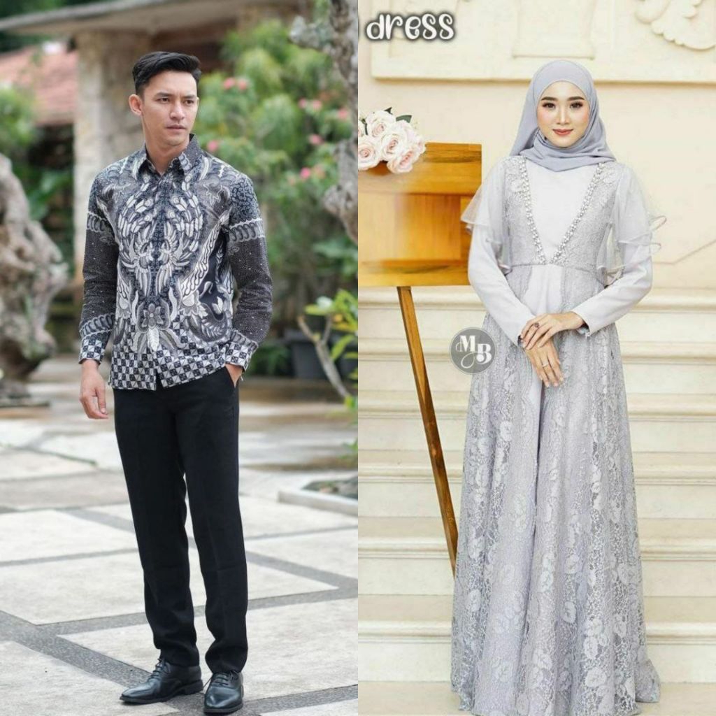 SET HARMONY DRESS SILVER ORI COUPLE KEMEJA PREMIUM / CUSTOM ANAK & JUMBO / BAJU SERAGAM BATIK PASANG