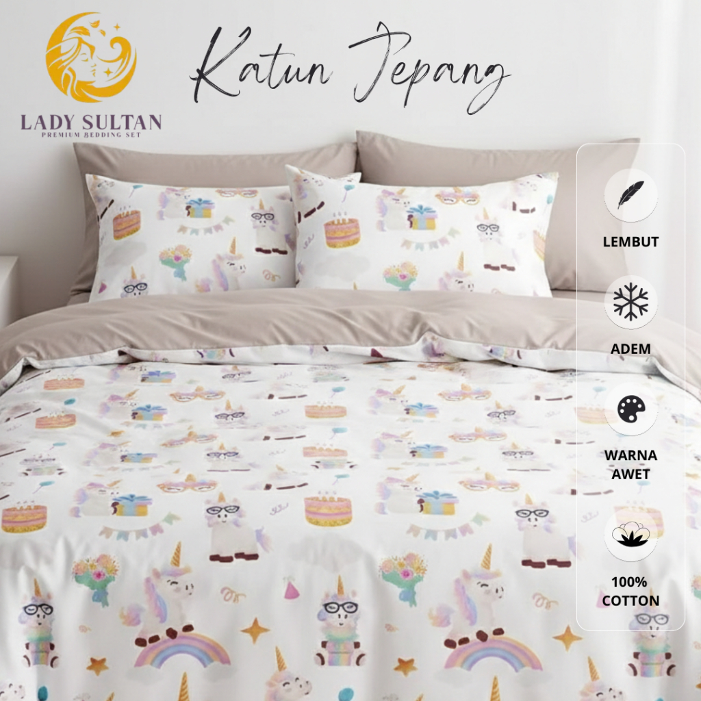 Lady Sultan Sprei Set Katun Jepang – Motif Anak (Gajah, Awan, Unicorn & Kartun Anak)