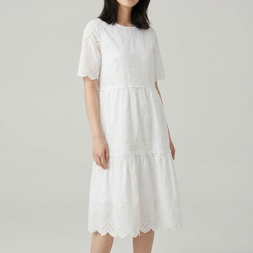 DRESS KATUN BRUKAT BORDIR EYELETS PUTIH TIER KOREA IMPORT