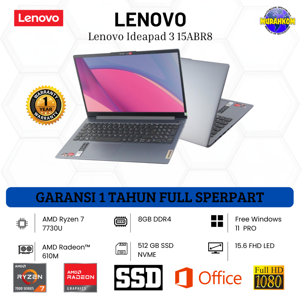 Lenovo Ideapad 3 15ABR8 with Ryzen 7 7000 Series and 8GB RAM 512GB SSD and Finger Print