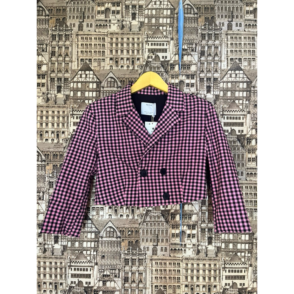 BLAZER CROP TOP BERSHKA_PINK KOTAK KOTAK HITAM (NEW)