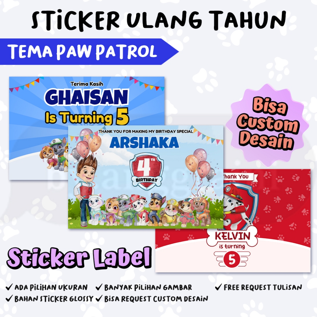 Sticker Ulang Tahun Tema Paw Patrol - Stiker Label Kotak Nasi Bento - Ultah Anak Tasyakuran