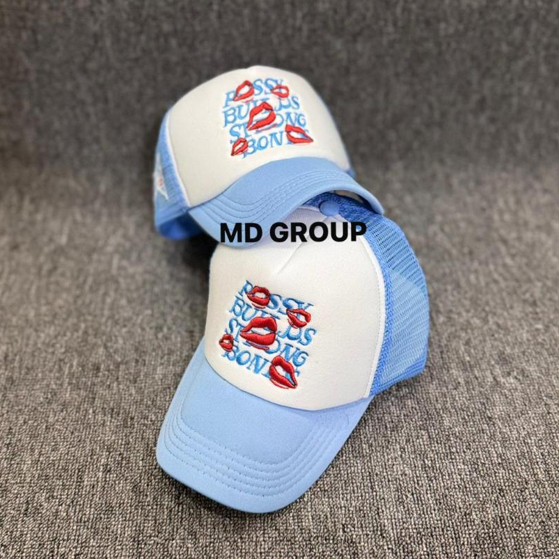 Topi Jaring Lips Style Pria Wanita / Topi Trucker Biru Muda Motif Bibir Kualitas Premium