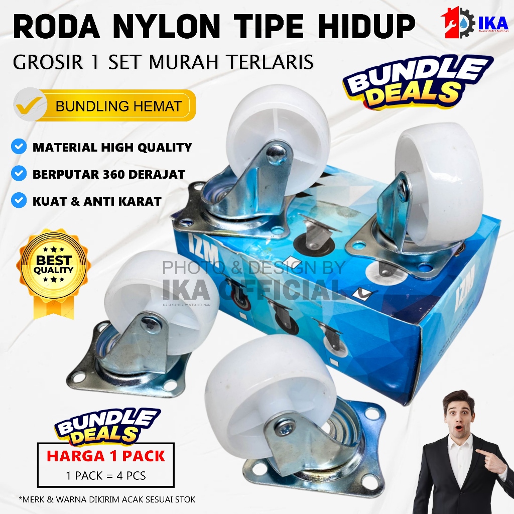 Roda Nylon Casters 2Inch Tanpa Rem 1 Set (4Pcs) / 1set isi 4pcs Roda Etalase 2" Roda Nilon 2 inch Ro