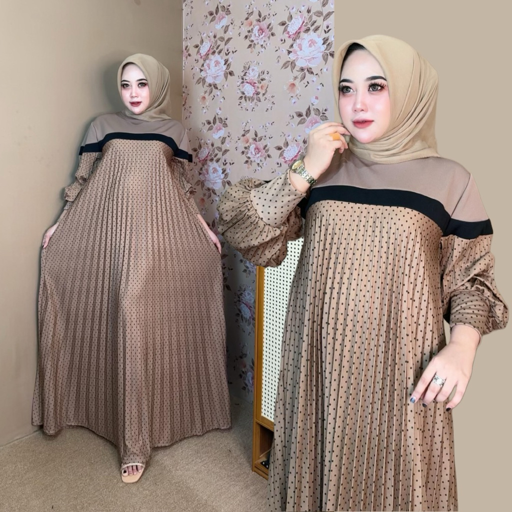 (READY)Gamis Pleated Motif Poolkadot Kombinasi Warna | Dress Hijab Stylish Premium -gamis plisket, m