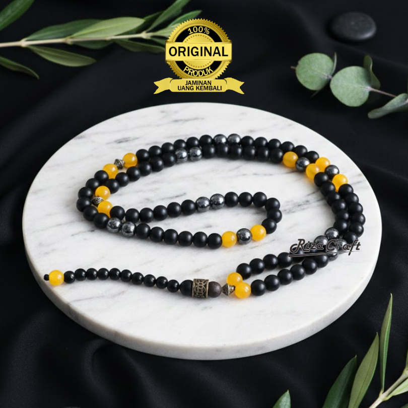 MECCA 99 Butir Tasbih Aesthetic Batu Onyx Hitam Giok Kuning Badar Besi Alam Natural Akik Cantik ASLI