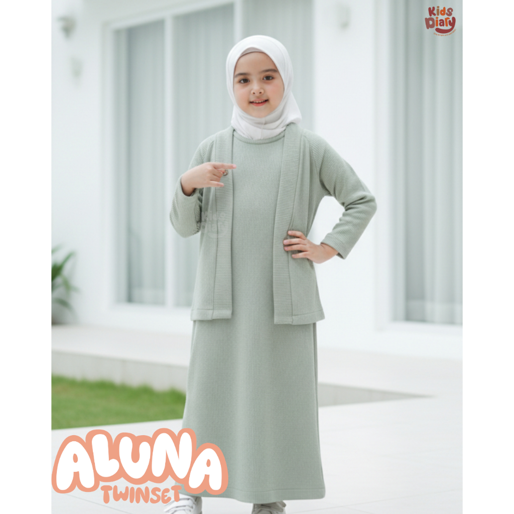 Setelan Gamis Inner Mix Cardigan Aluna Twinset Polos Anak Perempuan Set Muslim Premium Knit 1-14 Tah