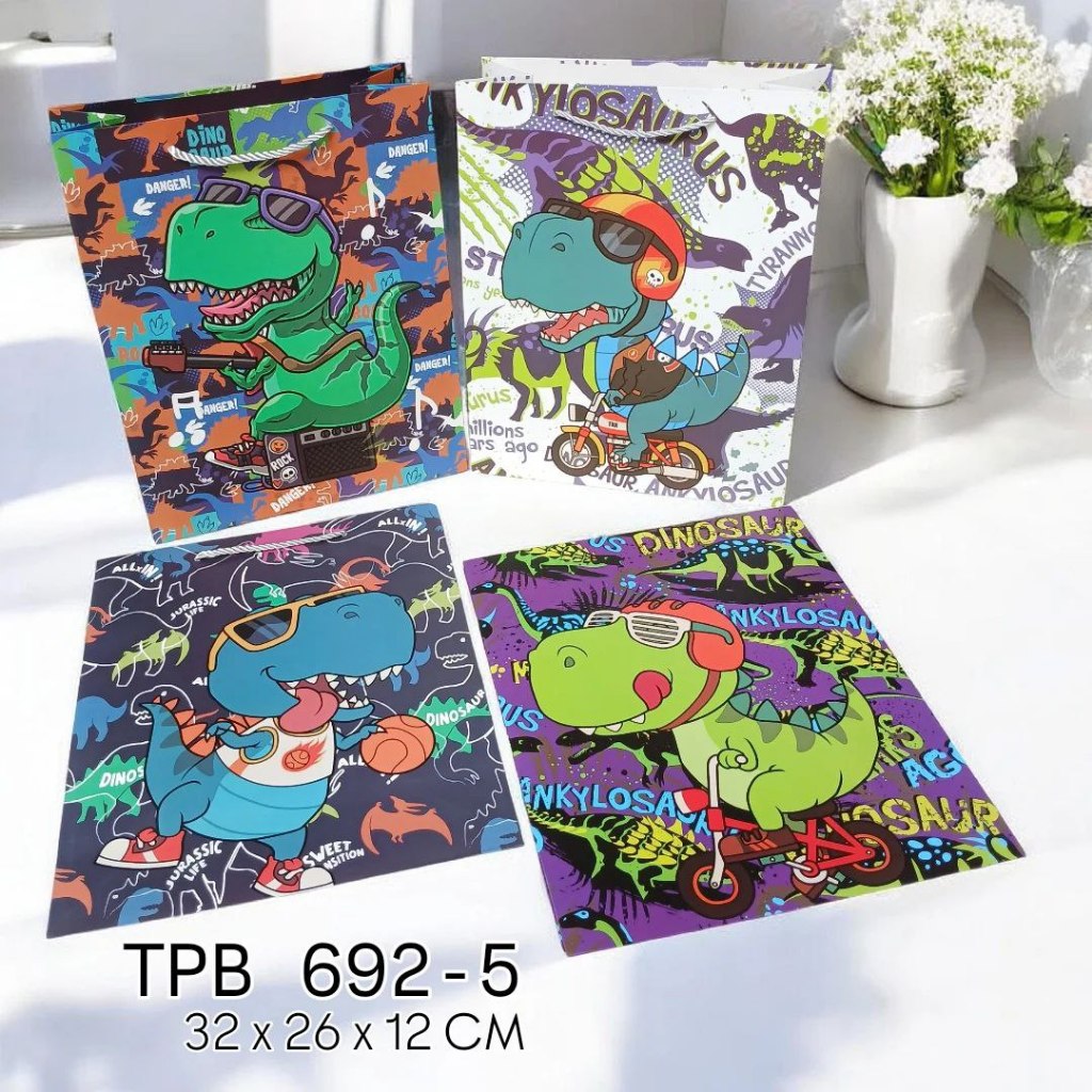 TPB 692-5 - ISI 12 TAS PAPERBAG PORTRAIT MEDIUM UK 32X26X12CM MTF DINOSAUR COOL MIX
