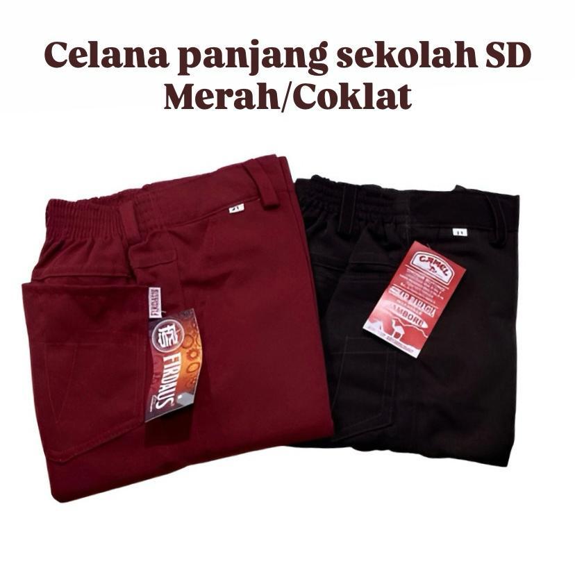 Celana Panjang Sekolah SD Karet Model Cargo Warna Merah dan Coklat Bahan Premium Kain Balestra denga