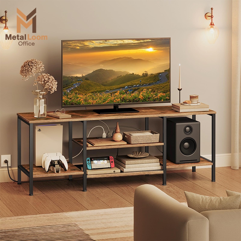 Rak TV dengan Port USB Multifungsi Rak TV Industrial  Rak TV Kayu Besi Penyimpanan Rak Anti Goyang