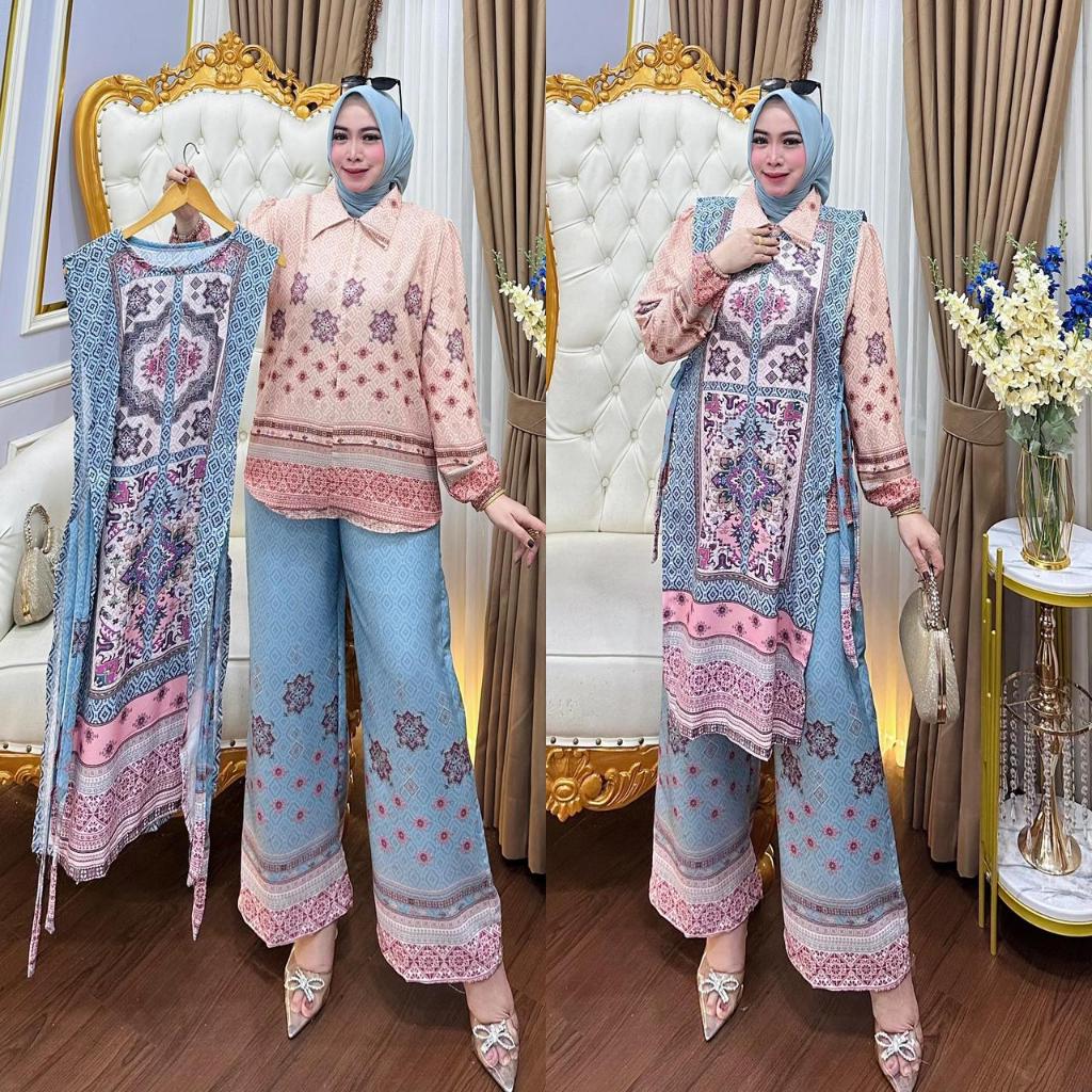 One Set Vest Liona Motif Ethnic /Setelan Celana Vest Moti Ethnic / Bahan Lady Zara Premium