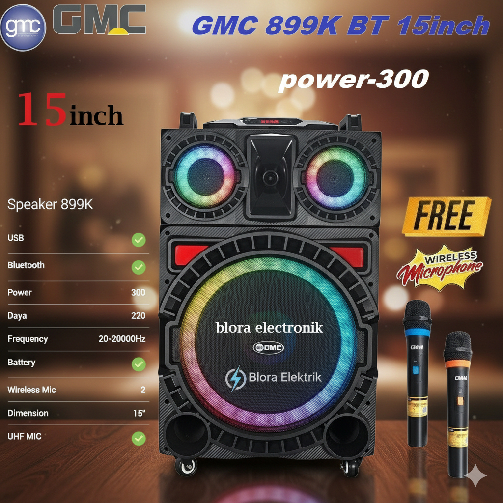 Speaker Portable GMC 899K 15 Inch Bluetooth Xbass 2 Mic Wireless uhf -new