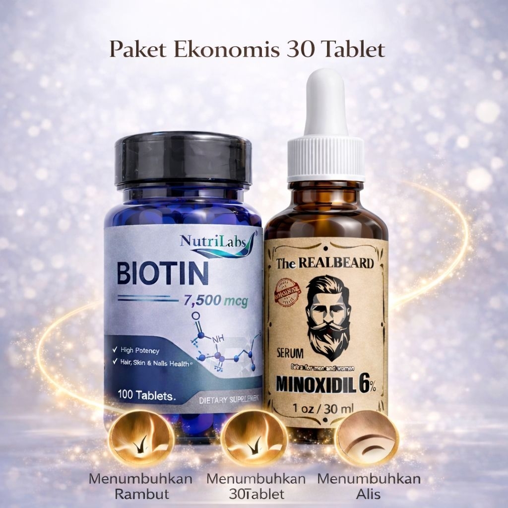 Minoxidil Dan 30 Tablet Biotin 7500mcg - Paket Penumbuh Rambut Rontok, Brewok, Alis & Kumis Terbaik 