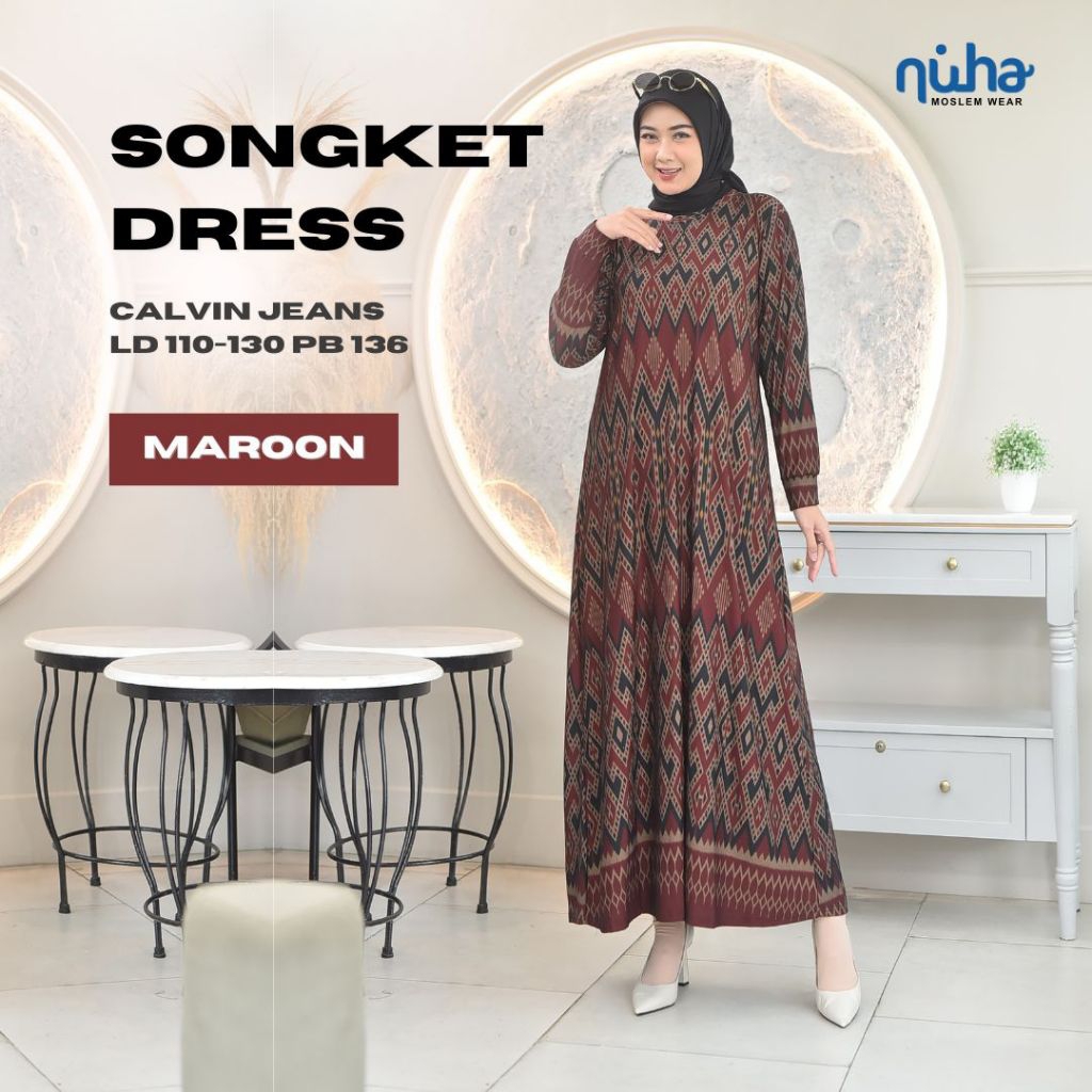 Gamis Jumbo Songket Dress Jumbo Bahan Calvin Jeans XXXXL Dress Kondangan Terbaru Motif Batik Fashion