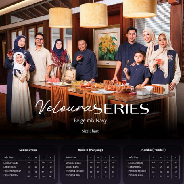 Delia Hijab - Sarimbit Keluarga Veloura Series Beige Mix Navy | Baju Hari Raya Dress Koko Muslim Wan