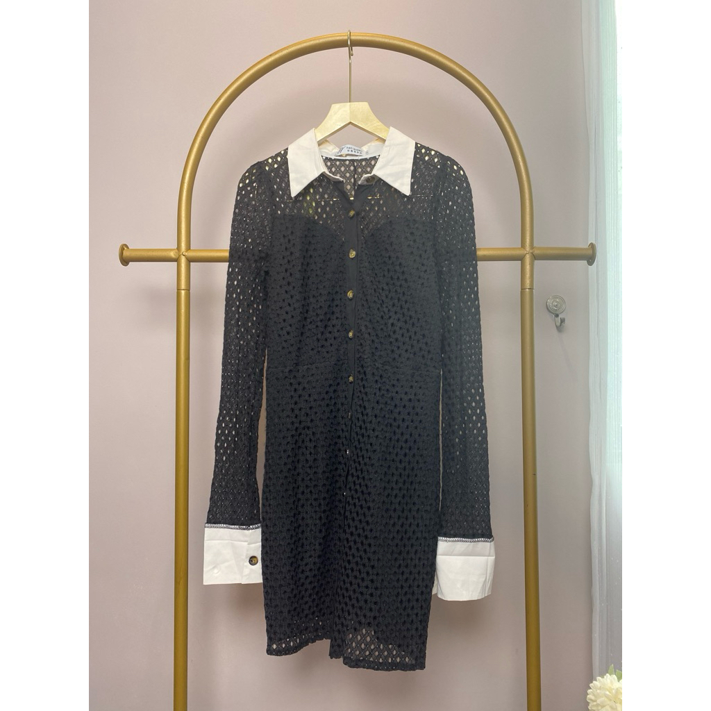 Preloved Midi Dress Vintage Kerah Lengan Panjang Formal Kantor Sexy Brukat Prada Black Hitam