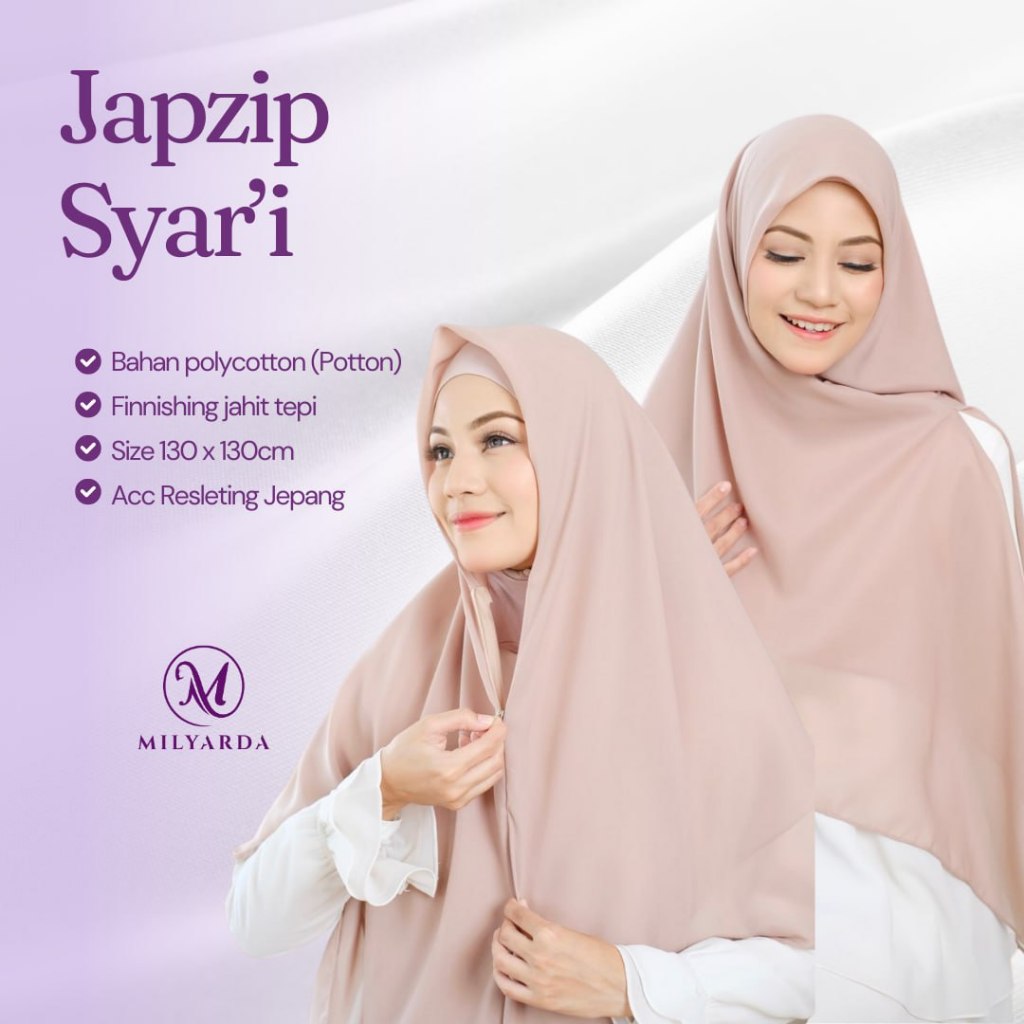 Milyarda Hijab Instan Japzip Resleting Jepang Jilbab Syari 130x130cm Kerudung Zipper