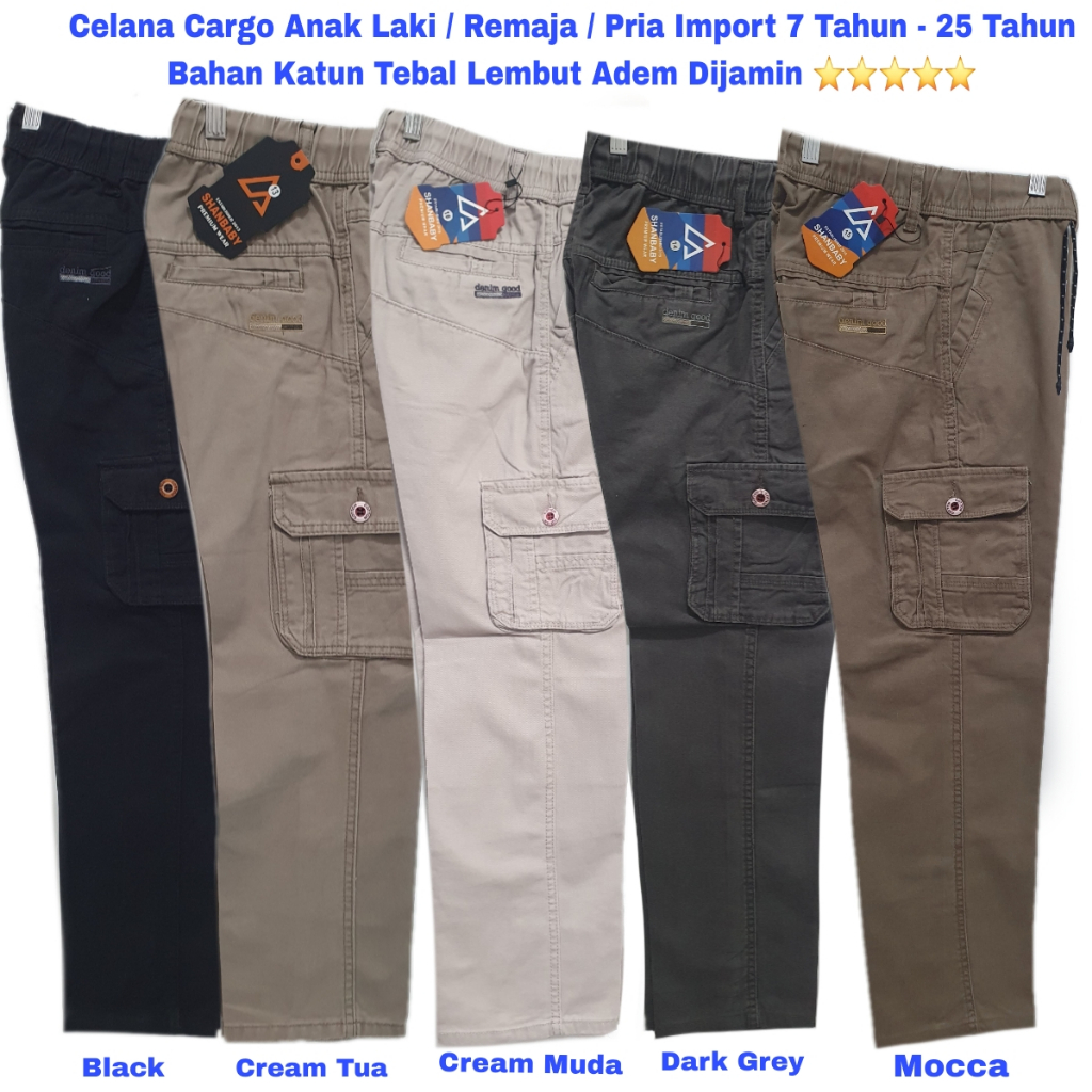 Celana Panjang Cargo Anak Laki Remaja Pria 8-20 Tahun Katun Cargo Tactical Anak Tanggung Hitam Cream