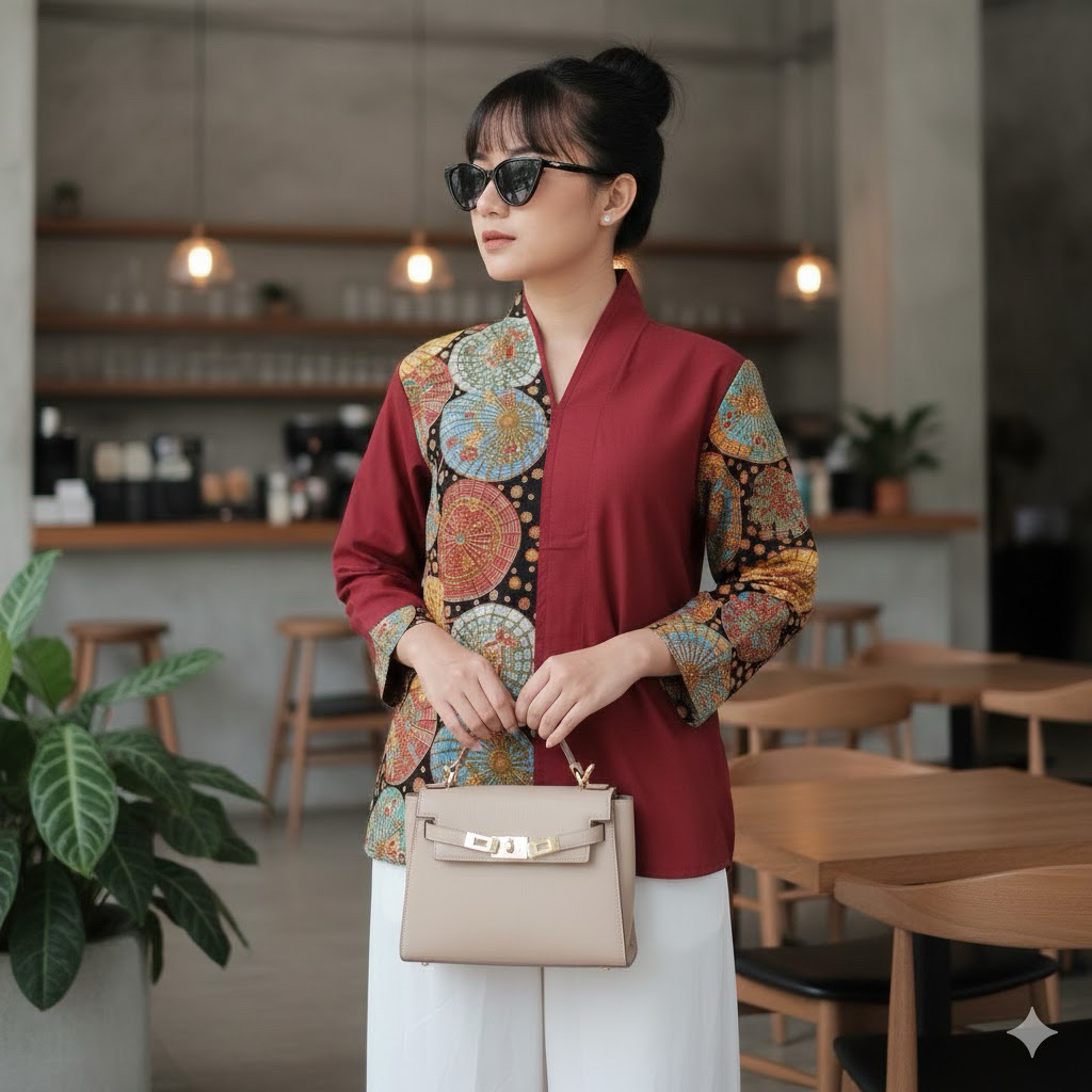 Shanaya Batik Blus Inara Baju Batik Wanita Kipas Batik Cantik Kombinasi Katun Toyobo Hitam Blouse