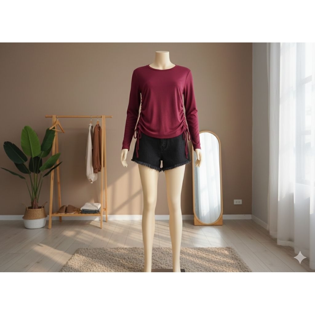 Atasan serut samping lengan panjang maroon