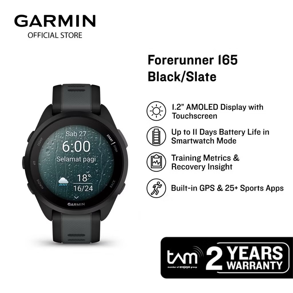 Garmin Forerunner 165 Black Slate Smartwatch - Garmin GPS Forerunner 165 Garansi Tam 2