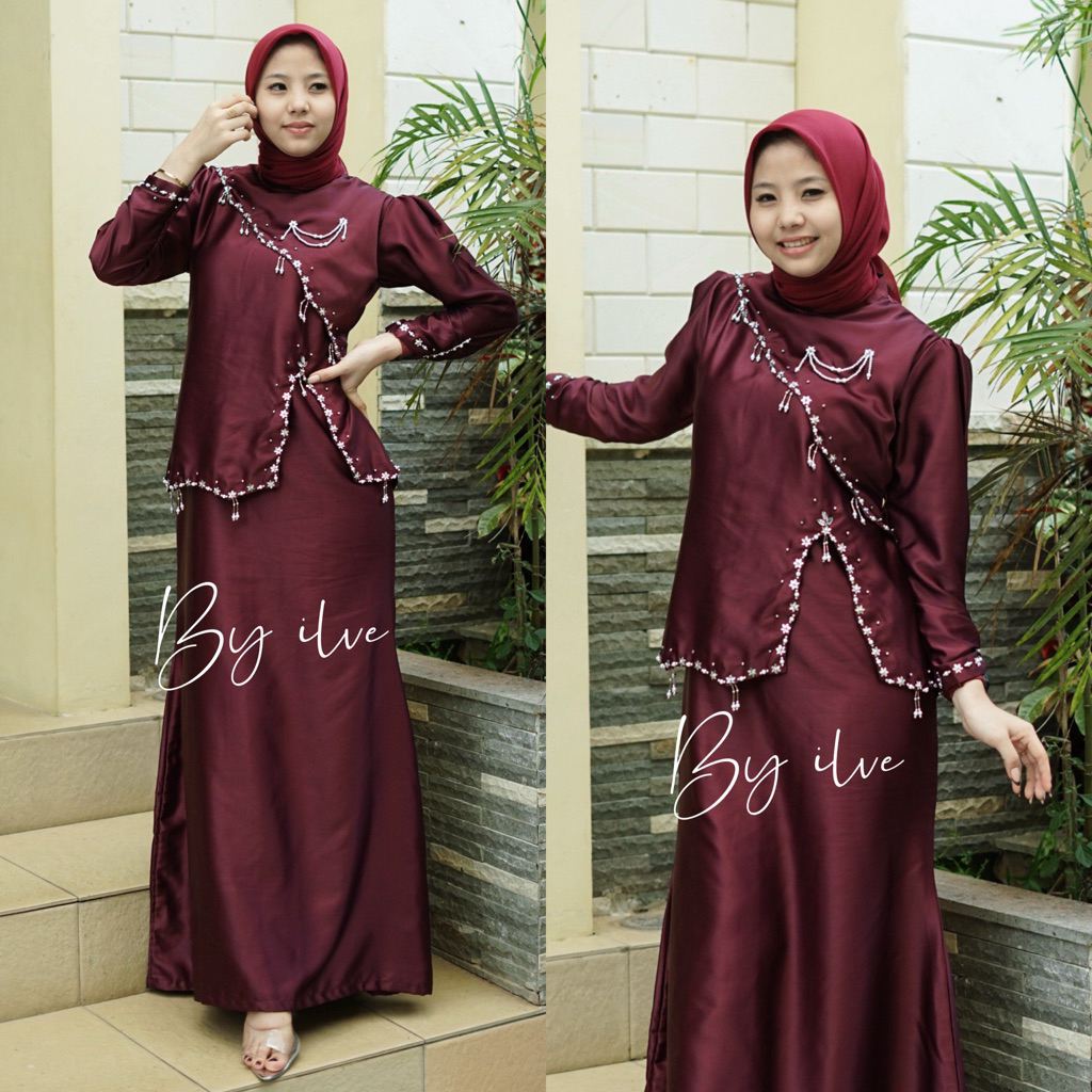 Yuriko Dress Burgandy Maron Gamis Satin Premium Payet Bridesmaid
