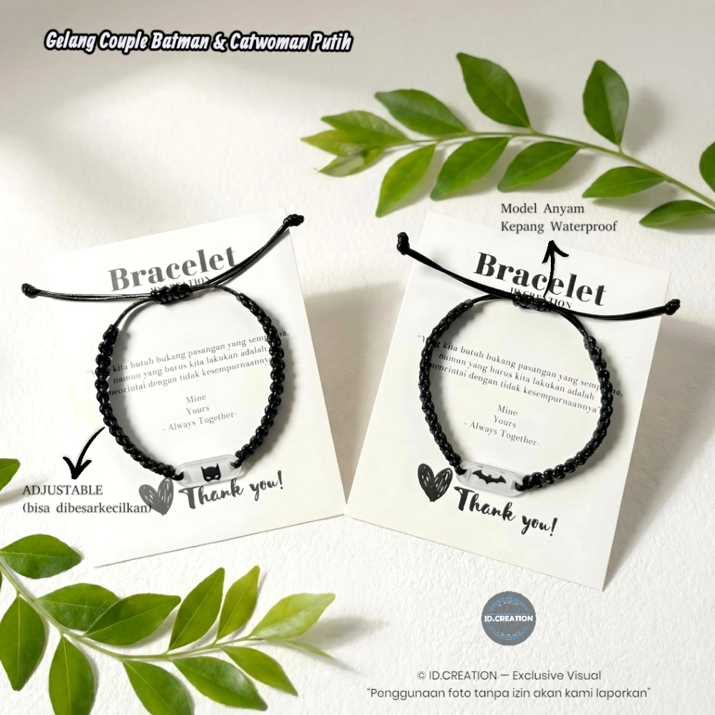 Gelang Couple Batman & Catwoman Putih - Tali Korea Hitam Tipe Anyam Waterproof