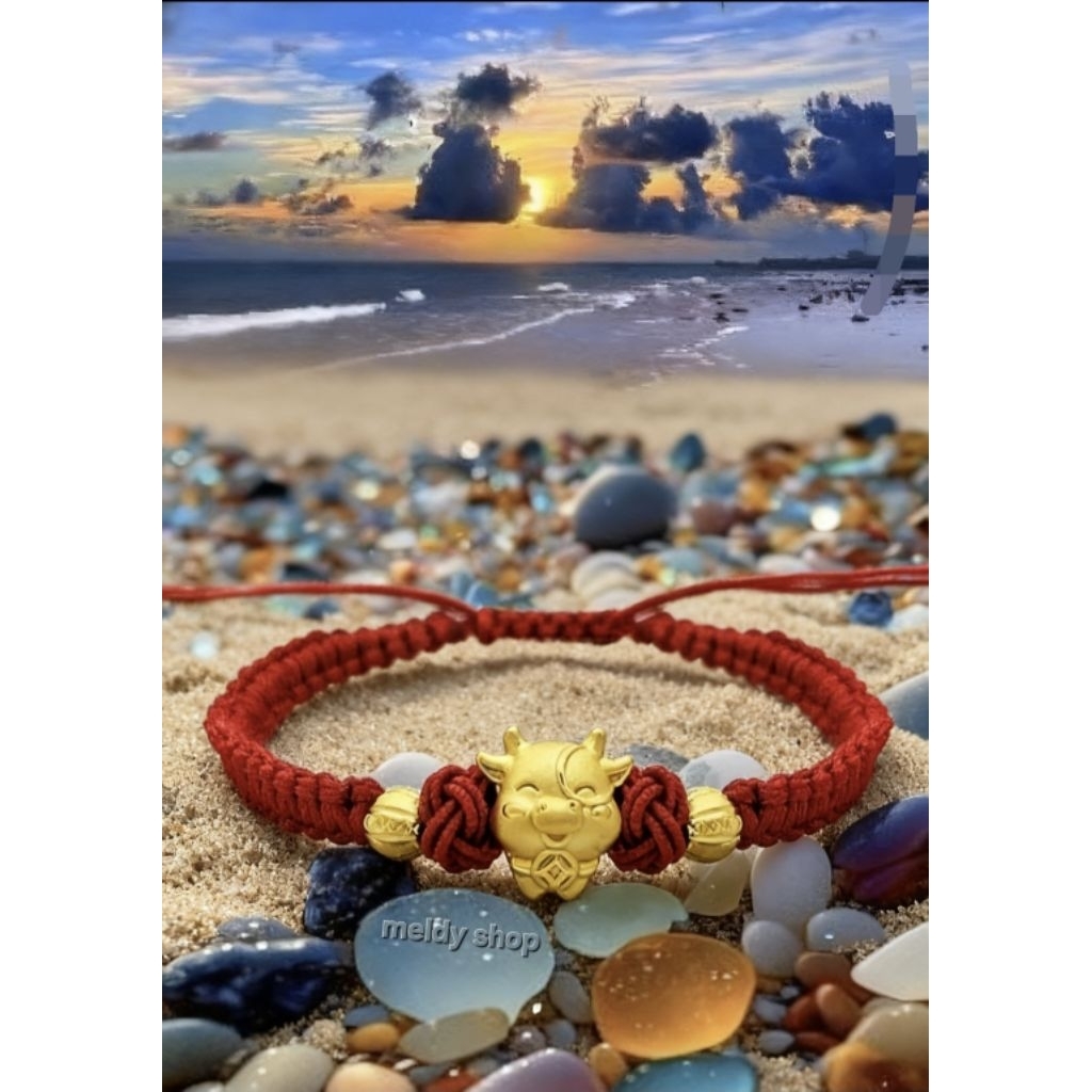 gelang tali tenun tali merah charm 12shio kerbau / kucing manekineko dengan 2 bola 24k 999 Emas hong