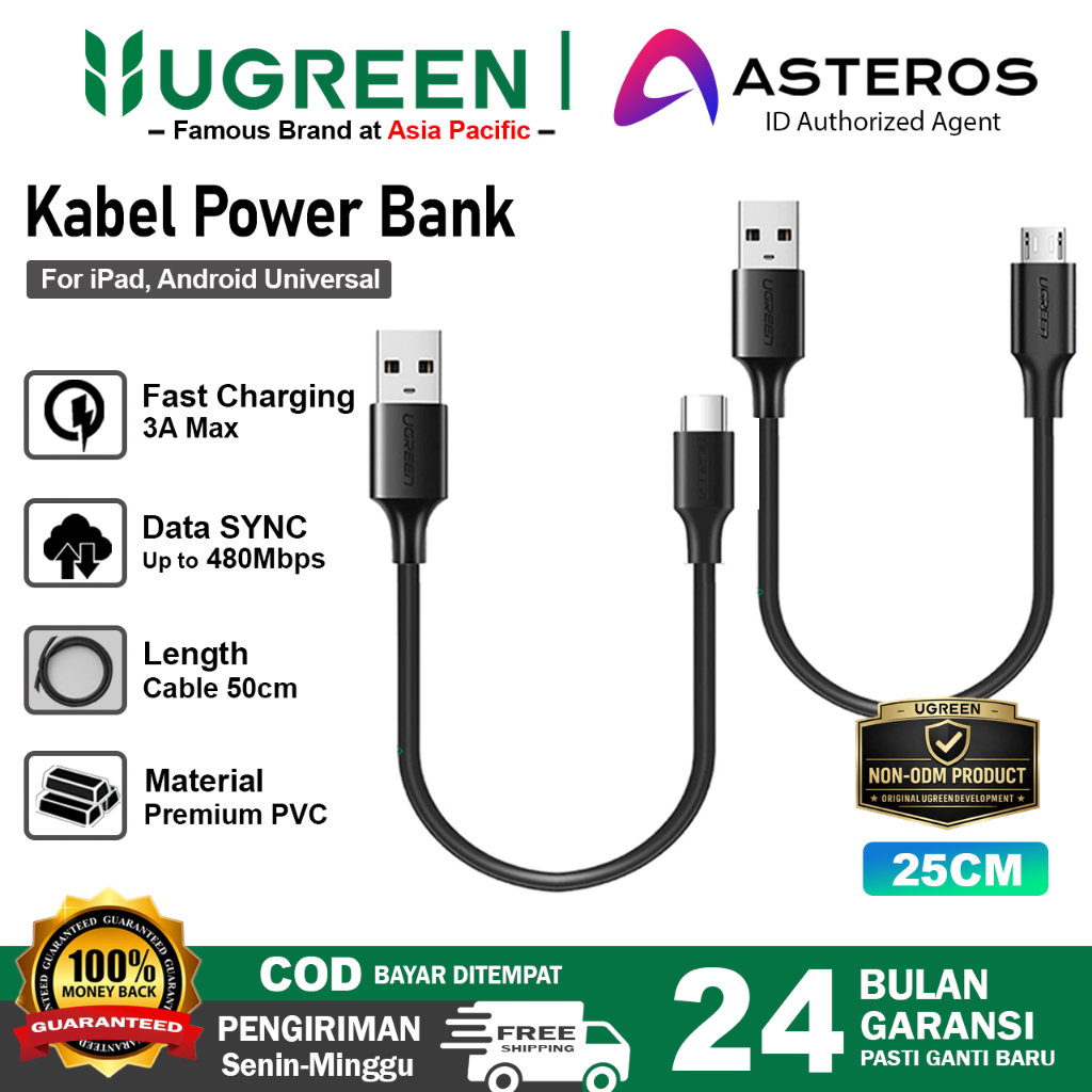UGREEN Kabel Data PowerBank Pendek Type C, Micro USB 20cm 50cm Fast Charging