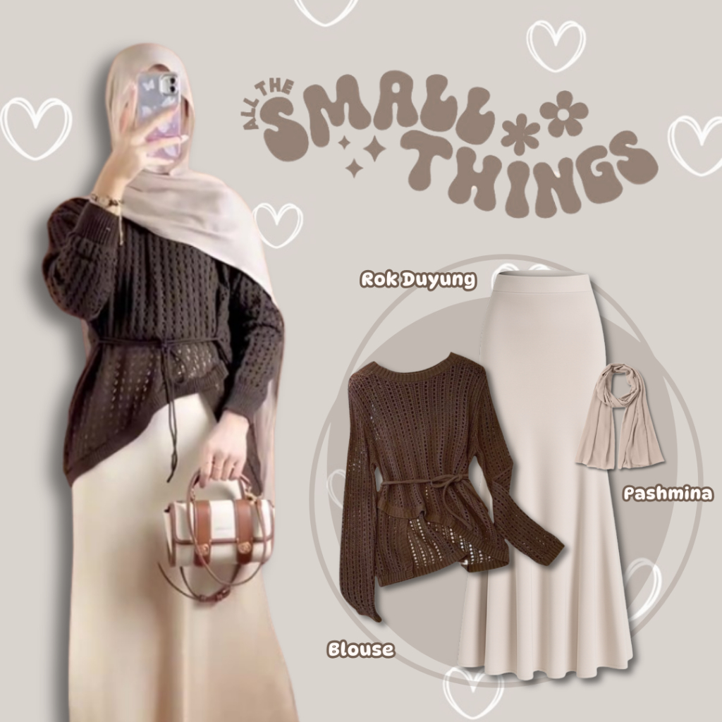3in1 One Set Wanita Korean Style | Yuruma Blouse Jaring Rajut Coffee + Rok Duyung Scuba Ivory + Hija