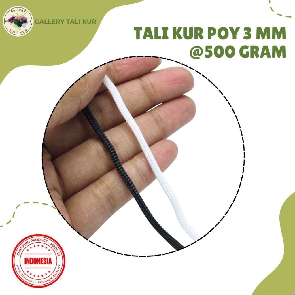 Tali Kur POY 3 mm isi 500 gram/pack | Talikur Tali Koor Warna Hitam Putih