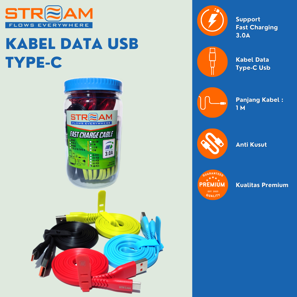 KABEL DATA FAST CHARGING / KABEL CHARGER TYPE-C MERK STREAM 1 METER 2 METER 3A FAST CHARGING