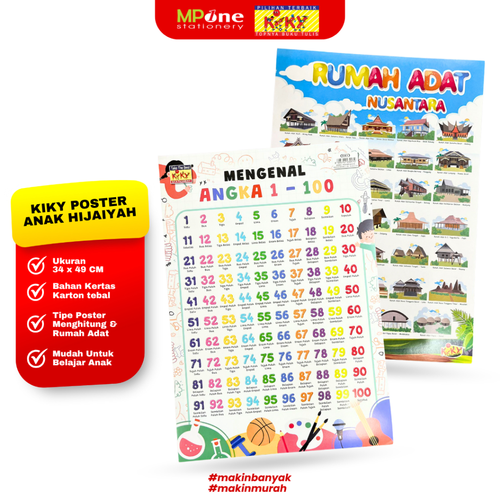 (1 LEMBAR) Kiky Poster Anak Mengenal Angka & Rumah Adat / Poster Edukasi 34 x 49 CM Belajar Angka da