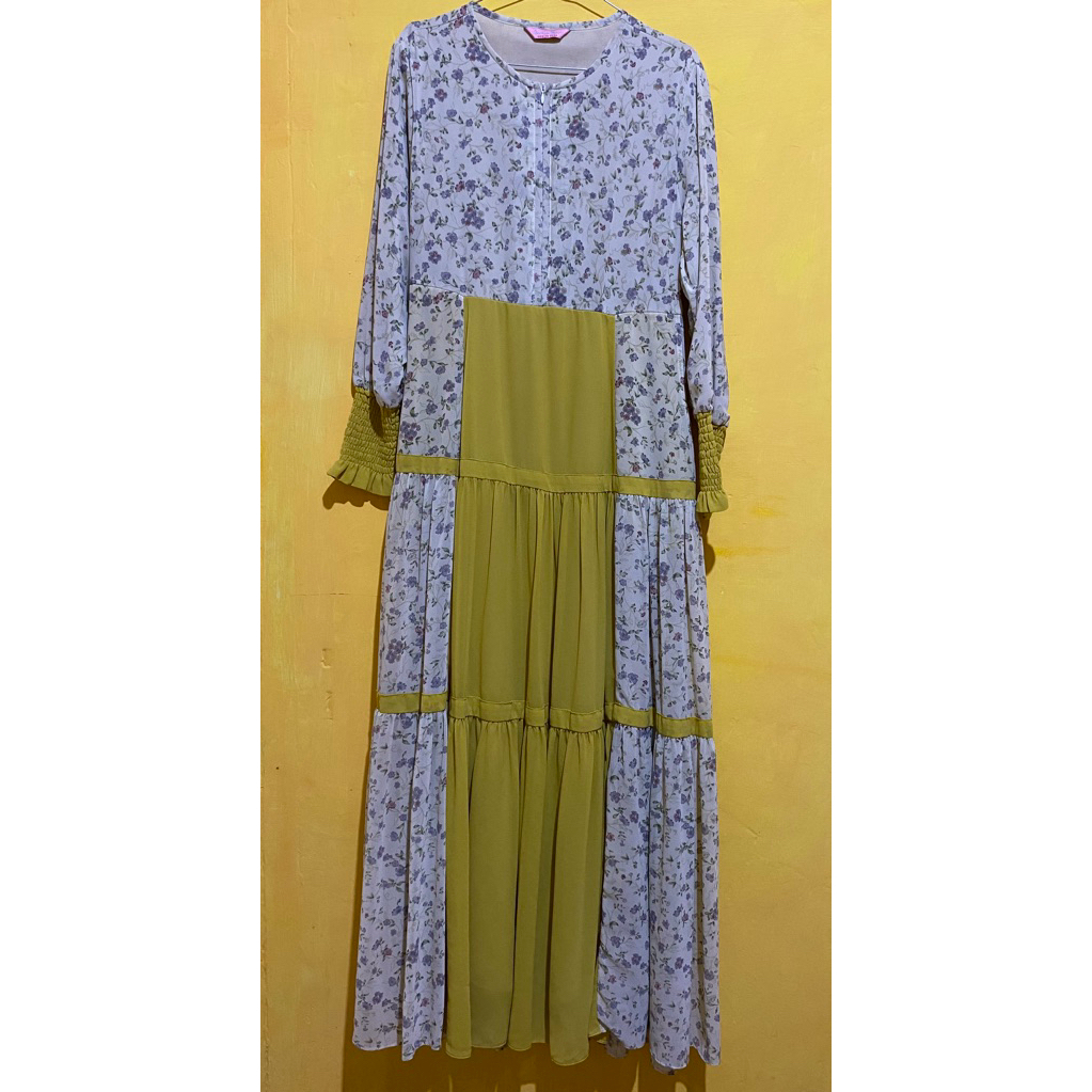 Baraya Syar'i Moeslim Wear - Gamis motif bunga warna kuning lemon