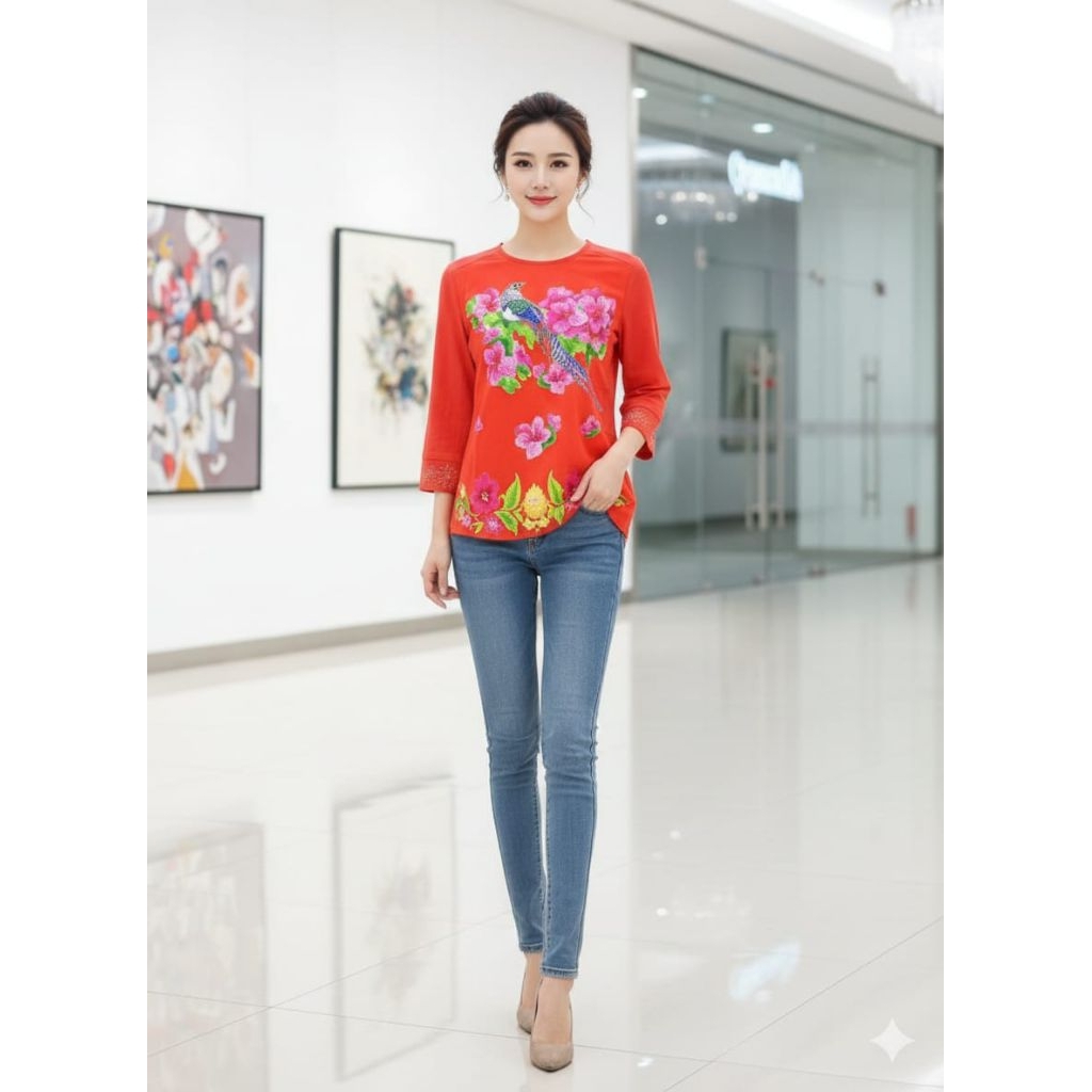 Baju Wanita Motif Bunga dan Burung Elegan untuk Acara Santai dan Formal