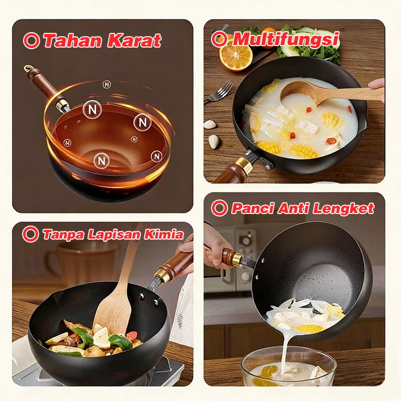 BEST SELLER Ready Stock GLC Panci Besi Anti Lengket Tahan Lama dengan Gagang Kayu 24cm - Tahan Panas