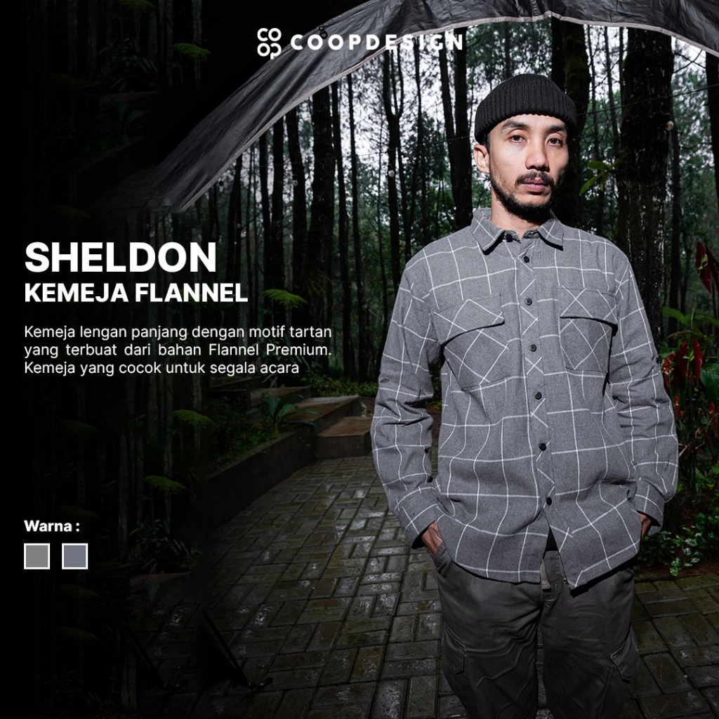 (PL)  Baju Pria Coop Design - Sheldon Kemeja Flannel Tartan Flanel Kotak-Kotak Pria Lengan Panjang