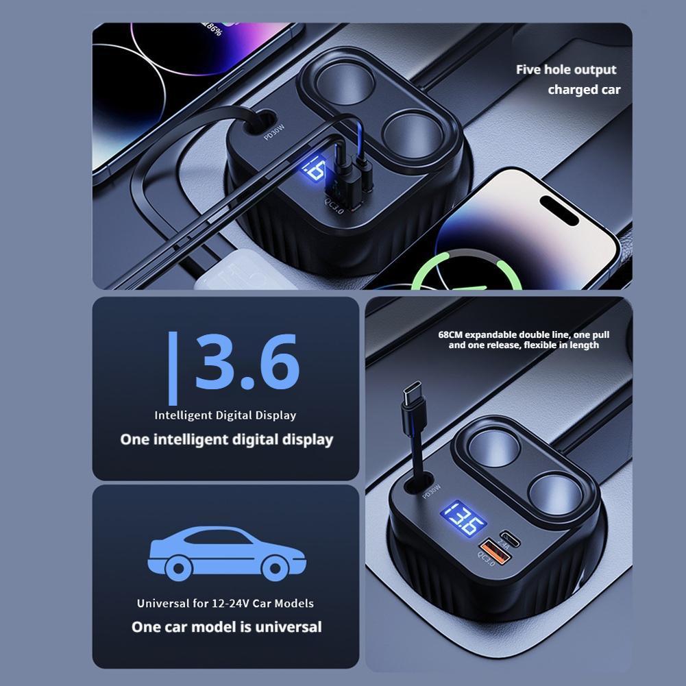 Socket Lighter USB C Fast Charging 60w Spliter Car Charger LCD Voltmeter D33