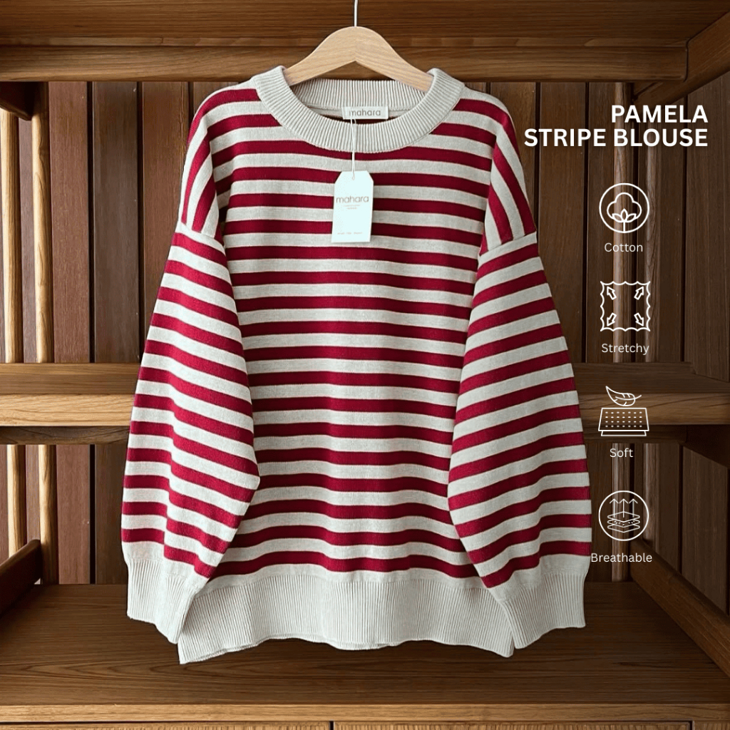 Mahara - Blouse Rajut - PAMELA - Stripe Blouse - Baju Agustusan