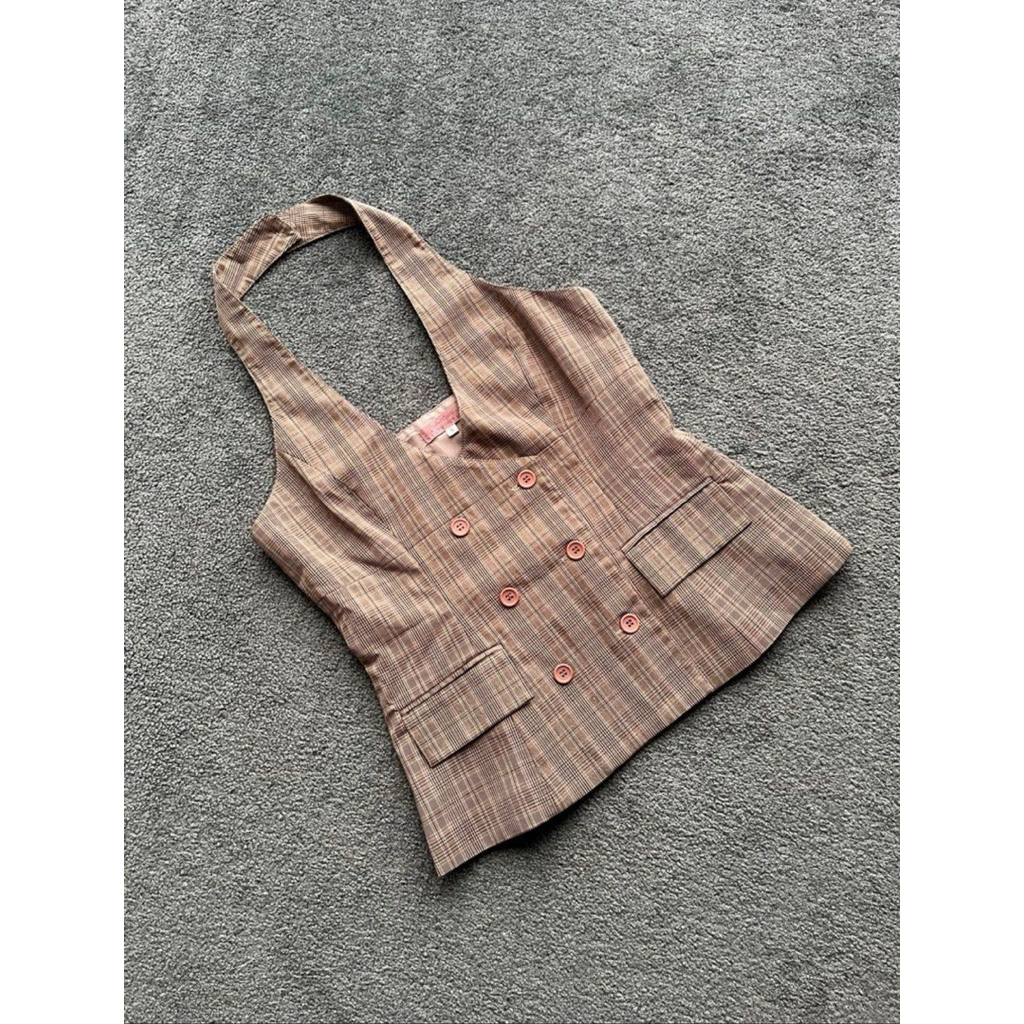 Outer vest halterneck kotak coklat