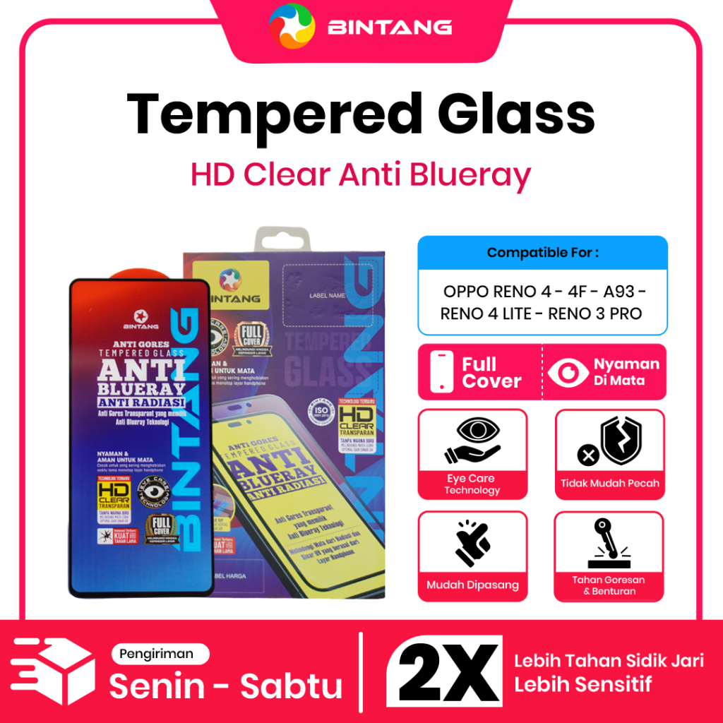 BINTANG Tempered Glass HD Clear Anti Blueray Screen Protector Fullcover For Oppo RENO 4F/A93/RENO 4/