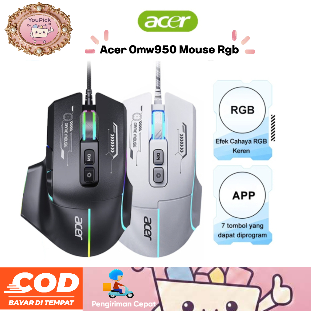 Acer OMW950 Mouse RGB Gaming// Wired - Wireless//Support Makro APP - Original